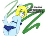  2016 anthro blonde_hair blue_fur breasts butt butt_shot cat clothed clothing cute debby_katt digital_media_(artwork) english_text feline female fur green_eyes hair hi_res looking_at_viewer mammal mcfly0crash open_mouth panties pawprint polka-dot rear_view short_hair simple_background solo text underwear 