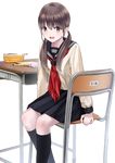  :d bad_id bad_pixiv_id barefoot brown_eyes brown_hair chair chikuwa_(odennabe) desk feet_out_of_frame kneehighs long_hair looking_at_viewer low_twintails mechanical_pencil name_tag neckerchief notebook open_mouth original pencil pencil_case school_desk school_uniform serafuku sitting smile solo transparent_background twintails 