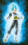  armor aura blue_eyes blue_hair boots clenched_hands clenched_teeth dragon_ball dragon_ball_super full_body gloves highres kamishima_kanon male_focus muscle solo spiked_hair super_saiyan super_saiyan_blue teeth vegeta white_footwear white_gloves widow's_peak 