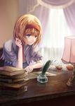  alice_margatroid arm_support blonde_hair blue_eyes book capelet cup curtains desk glass hairband hand_in_hair indoors inkwell kisuke1212 lamp light_particles quill reading short_hair smile solo sunlight touhou window 