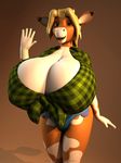  2016 3d_(artwork) annabelle_cow anthro anthroanim big_breasts blonde_hair bovine breasts clothed clothing digital_media_(artwork) female fur hair horn huge_breasts hyper looking_at_viewer mammal open_mouth shorts simple_background smile solo standing waving 
