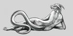 aaros_(artist) anthro bare_back dragon female grey_scales greyscale horn lying monochrome nude scales simple_background smile smooth_horn solo wide_hips 