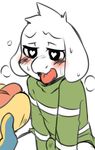  &lt;3 &lt;3_eyes asriel_dreemurr black_eyes blue_fur blush boss_monster bottomless caprine clothed clothing covering covering_crotch cub disembodied_hand erection food fur half-closed_eyes horny hot_dog male mammal open_mouth simple_background sitting solo_focus striped_shirt sweat sweater tenting tongue tongue_out undertale video_games white_background white_fur yellow_fur young 