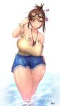  :o bad_id bad_pixiv_id bangs bare_shoulders blue_nails blue_skirt body_writing bracelet breasts brown_eyes brown_hair cleavage collarbone covered_nipples glasses hair_bun hair_ornament hair_stick hair_twirling hand_on_leg hand_up harry_(dudwofla) highres huge_breasts jewelry looking_at_viewer mei_(overwatch) nail_polish necklace off_shoulder open_mouth overwatch shirt short_hair sidelocks skirt sleeveless sleeveless_shirt snowflake_hair_ornament solo standing strap_slip swept_bangs wading water 