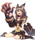  animal_ears bangs claw_(weapon) erune granblue_fantasy grey_hair haruato long_hair open_mouth sen_(granblue_fantasy) skirt solo weapon yawning 