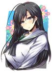  black_hair blue_eyes breasts girls_und_panzer huge_breasts isuzu_hana long_hair ooarai_school_uniform school_uniform serafuku shinshin smile solo uniform 