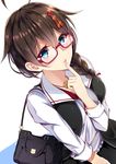  adapted_costume ahoge bag bespectacled blue_eyes braid brown_hair dutch_angle finger_to_mouth glasses hair_flaps hair_ornament hair_over_shoulder jewelry kantai_collection long_hair looking_up necklace parted_lips red-framed_eyewear remodel_(kantai_collection) semi-rimless_eyewear shigure_(kantai_collection) single_braid solo suishin_tenra 