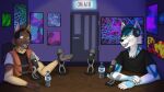 2022 absurd_res anthro blue_body blue_fur blue_hair bottle brown_body brown_fur brown_hair canid canine canis claws clothed clothing container dialogue electronics eye_scar facial_scar fluffy full_pad fur green_eyes gulonine hair hi_res hoodie hybrid kangaroo macropod male mammal marsupial marten mayawolf microphone mustelid musteline orange_eyes padded_palms ra&#039;zim sable_(marten) scar shirt t-shirt tail tan_body tan_fur topwear water_bottle white_body white_fur wolf zgf_gaming