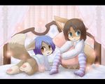  anthro bed blue_eyes blue_hair blush bottomless brown_eyes brown_fur brown_hair butt canine clothed clothing cub duo female fox fur hair hindpaw legwear lying mammal on_front open_mouth paws pillow raised_tail sitting socks yojoo young 