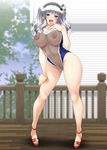  ayato beret blue_eyes blush breasts competition_swimsuit curvy day fishnets hand_on_thigh hand_to_own_mouth handrail hat highleg highleg_swimsuit highres house kantai_collection kashima_(kantai_collection) large_breasts looking_at_viewer naughty_face navel nipples one-piece_swimsuit open_mouth outdoors shiny shiny_skin silver_hair solo swimsuit twintails wavy_hair 