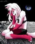 anthro black_clothing bodily_fluids bottomwear bra breasts canid canine canis charlie_(nikku_lunatique) claws clothed clothing crying earth female fox fur gloves_(marking) hair hand_on_face hi_res inner_ear_fluff leg_markings loincloth long_hair looking_down mammal markings moon nikku_lunatique open_mouth pink_body pink_eyes pink_fur planet shorts sitting sitting_on_ground socks_(marking) solo space tears teeth tuft underwear white_body white_claws white_fur white_hair
