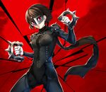  braid brass_knuckles brown_hair corset crack crown_braid highres infinote mask niijima_makoto persona persona_5 red_background red_eyes short_hair shoulder_armor solo spaulders spiked_knuckles weapon 