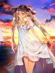  2016 bangs black_hat blue_eyes blurry bracelet breasts closed_mouth dated depth_of_field detached_sleeves dress eyebrows eyebrows_visible_through_hair eyelashes fate/grand_order fate_(series) flower frills hair_ornament hat jewelry light_brown_hair light_particles long_hair looking_at_viewer marie_antoinette_(fate/grand_order) marie_antoinette_(swimsuit_caster)_(fate) ocean off-shoulder_dress off_shoulder outdoors seashell shade shell sky small_breasts smile solo spaghetti_strap standing starfish summer twilight twintails twitter_username very_long_hair waves weed_(astarone) white_dress white_flower 