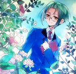  blue_sky blue_suit book brown_eyes day dutch_angle flower glasses gloves green_hair ikaru male_focus morimura_sakuya necktie outdoors plant red_neckwear sky smile solo tokimeki_memorial tokimeki_memorial_girl's_side white_gloves 