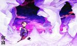  blonde_hair cloud horns kitsune_(kazenouta) kneeling landscape original purple red_eyes shawl solo watermark 