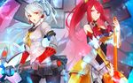  android arc_system_works armor armored_dress axe bare_shoulders battle_axe blazblue blazblue:_cross_tag_battle breasts company_connection crossover detached_sleeves faulds hair_tubes high_ponytail houndstooth izayoi_(blazblue) labrys medium_breasts multiple_girls pantyhose persona persona_4:_the_ultimate_in_mayonaka_arena planted_weapon pleated_skirt polearm ponytail red_eyes red_hair robot_ears school_uniform serafuku sidelocks silver_hair skirt spear striped striped_legwear tusia vertical-striped_legwear vertical_stripes weapon 