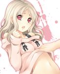  1girl assisted_exposure blonde_hair blush diabolik_lovers komori_yui navel open_mouth petite pink_eyes reo_(0630) simple_background solo_focus stomach tears upper_body white_background 