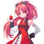  apple bad_id bad_pixiv_id bare_shoulders black_bow bow detached_sleeves food fruit hair_bow high_ponytail highres holding light_smile long_hair looking_at_viewer mahou_shoujo_madoka_magica misteor red_eyes red_hair sakura_kyouko solo very_long_hair white_background 