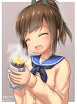  arisu_kazumi blush brown_hair cardigan closed_eyes commentary_request food highres i-401_(kantai_collection) kantai_collection long_hair open_mouth ponytail school_uniform short_ponytail smile solo sweet_potato yakiimo 