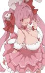  1girl animal_ears breasts cleavage di_gi_charat dice_hair_ornament hair_ornament hair_ribbon highres large_breasts long_hair looking_at_viewer pink_hair rabbit_ears red_ribbon ribbon simple_background solo sumiyao_(amam) twintails usada_hikaru very_long_hair white_background 