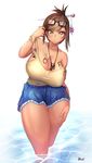  :o bad_id bad_pixiv_id bangs bare_shoulders bikini_tan blue_nails blue_skirt body_writing bracelet breasts brown_eyes brown_hair cleavage collarbone covered_nipples hair_bun hair_ornament hair_stick hand_on_leg hand_up harry_(dudwofla) highres huge_breasts jewelry looking_at_viewer mei_(overwatch) nail_polish necklace off_shoulder open_mouth overwatch shirt short_hair sidelocks skirt sleeveless sleeveless_shirt snowflake_hair_ornament solo standing strap_slip swept_bangs tan tanline wading water 