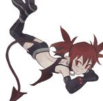  absurdres arm_belt back bat_wings belt black_gloves black_legwear black_skirt bustier crossed_arms demon_girl demon_tail demon_wings disgaea earrings elbow_gloves etna fang feet_up full_body gloves highres jewelry looking_at_viewer lying makai_senki_disgaea mini_wings miniskirt on_stomach pointy_ears red_eyes red_hair season_(artist) skirt skull_earrings solo tail thighhighs twintails wings 