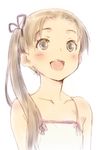  ayanami_(kantai_collection) bare_shoulders blush brown_eyes brown_hair collarbone commentary_request hair_ribbon kantai_collection kawata_hisashi long_hair open_mouth ribbon side_ponytail smile solo tooth_gap 