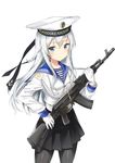  absurdres ak-74m alternate_costume assault_rifle black_legwear black_skirt blue_eyes clothes_writing commentary cowboy_shot eyebrows eyebrows_visible_through_hair gloves gun hair_between_eyes hat hibiki_(kantai_collection) highres holding holding_weapon kantai_collection long_hair long_sleeves looking_at_viewer military pantyhose phanc rifle russian russian_navy sailor shirt silver_hair simple_background skirt solo standing striped striped_shirt translated uniform verniy_(kantai_collection) weapon white_background white_gloves white_skirt 