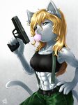  artist_request blonde_hair cat furry gum gun heterochromia short_hair weapon 