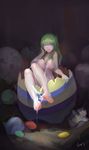  absurdres barefoot blue_eyes breasts egg feet full_body gaoerji green_hair hatching highres jitome large_breasts long_hair looking_at_viewer nipples nude original parted_lips reclining signature slime smile solo toes 