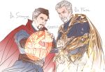  2boys beard black_adam_(movie) blue_eyes bodysuit brown_hair cape character_name commentary_request cowboy_shot dc_comics dc_extended_universe doctor_fate doctor_strange doctor_strange_(series) elbow_gloves eye_contact facial_hair gloves looking_at_another male_focus multiple_boys old old_man red_cape simple_background sugishi125 twitter_username white_background white_hair 