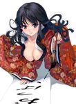  :p black_hair blue_eyes blush breasts breasts_outside calligraphy_brush collarbone furisode highres holding ink japanese_clothes kimono large_breasts long_hair masao nipple_slip nipples original paintbrush paper seigaiha simple_background smile solo tongue tongue_out white_background wide_sleeves 