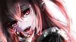  2016 apple artist_name blood bloom close-up dated eating eyelashes face fangs food frills fruit hair_between_eyes head_tilt krul_tepes luna_lifiora_(rinfiora) open_mouth owari_no_seraph pink_hair pointy_ears portrait red_eyes smile solo vampire 