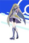  blonde_hair dress full_body green_eyes guratan hair_over_one_eye hand_on_hip leggings leggings_pull long_hair lusamine_(pokemon) pokemon pokemon_(game) pokemon_sm shoes sleeveless sleeveless_dress smile solo very_long_hair 