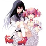  :o akemi_homura bad_id bad_pixiv_id black_hair bow carrying choker dress frilled_dress frills hair_bow hand_on_thigh high_heels highres kaname_madoka kneehighs long_hair mahou_shoujo_madoka_magica misteor multiple_girls parted_lips petticoat pink_eyes pink_hair princess_carry purple_eyes red_bow red_footwear shoes smirk surprised white_background 