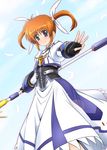  announcement_celebration blush brown_hair cropped_jacket diesel-turbo dress feathers fingerless_gloves gauntlets gloves hair_ribbon jacket juliet_sleeves long_sleeves looking_at_viewer lyrical_nanoha magical_girl mahou_shoujo_lyrical_nanoha mahou_shoujo_lyrical_nanoha_a's mahou_shoujo_lyrical_nanoha_the_movie_2nd_a's mahou_shoujo_lyrical_nanoha_the_movie_3rd:_reflection puffy_sleeves purple_eyes raising_heart ribbon shiny shiny_hair short_hair short_twintails smile solo staff takamachi_nanoha twintails w 