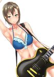  armpits bikini blue_bikini breasts brown_hair cleavage electric_guitar green_eyes guitar huge_breasts idolmaster idolmaster_cinderella_girls instrument les_paul navel short_hair solo swimsuit tada_riina takeda_seiji white_background 