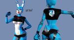  3d_(artwork) animatronic black_nose blue_skin clothing digital_media_(artwork) disembowell_(artist) female fist_pump five_nights_at_freddy&#039;s five_nights_at_freddy&#039;s_2 green_eyes lagomorph lips looking_at_viewer machine mammal rabbit robot shirt shorts text toy_bonnie_(fnaf) video_games white_skin 