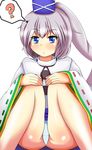  ? blue_eyes hat highres japanese_clothes kariginu leg_hug long_hair miniskirt mononobe_no_futo onaho_(otayoku) panties ponytail silver_hair sitting skirt solo tate_eboshi touhou underwear upskirt wide_sleeves 