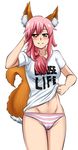  animal_ears asortofcolorfag blush collarbone fate/extra fate_(series) fox_ears fox_tail groin highres looking_at_viewer midriff navel open_mouth panties pink_hair shirt simple_background solo striped striped_panties t-shirt tail tamamo_(fate)_(all) tamamo_no_mae_(fate) underwear white_background yellow_eyes 