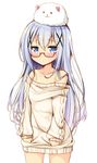  :3 angora_rabbit animal animal_on_head bare_shoulders bespectacled blue_eyes blue_hair blush bunny bunny_on_head clothes_grab collarbone glasses gochuumon_wa_usagi_desu_ka? hair_ornament hairclip kafuu_chino long_hair long_sleeves looking_at_viewer mori_airi no_pants off_shoulder on_head red-framed_eyewear semi-rimless_eyewear simple_background sweater tippy_(gochiusa) under-rim_eyewear white_background x_hair_ornament 