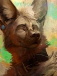  2018 anthro black_eyebrows black_nose brown_fur canine collar digital_media_(artwork) digital_painting_(artwork) eyebrows eyes_closed front_view fur headshot_portrait hi_res jackal male mammal nomax portrait smile solo whiskers 