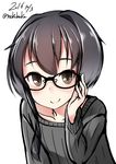  adjusting_eyewear bad_id bad_pixiv_id bespectacled black_eyes black_hair dated glasses kantai_collection leaning_forward looking_at_viewer nekobaka ribbed_sweater short_hair_with_long_locks signature simple_background smile solo sweater tokitsukaze_(kantai_collection) 