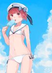  anchor bikini blush bow brown_eyes clothes_writing cloud commentary cowboy_shot day flat_chest food hat highres ice_cream kantai_collection looking_at_viewer navel ribbon sailor_bikini sailor_collar short_hair sky solo suppaman_(rfjy) sweat swimsuit tongue tongue_out white_bikini white_hat z3_max_schultz_(kantai_collection) 