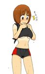  1girl alternate_costume blush cowboy_shot embarrassed female gym_uniform kill_la_kill mankanshoku_mako midriff shirt_lift short_shorts shorts simple_background solo standing sweat tan tanline thigh_gap thighs underboob wavy_mouth white_background wide-eyed 