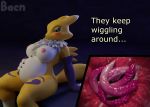  2018 3d_(artwork) anthro armwear bacn big_breasts blush breasts canine chest_tuft claws clothing digimon digimon_(species) digital_media_(artwork) elbow_gloves english_text female fur gloves infestation internal mammal nipples nude parasite pregnant renamon sitting solo tentacles text thick_thighs tuft white_fur 