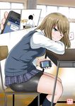  1girl ;p bike_shorts breasts brown_hair cellphone chair classroom commentary desk eighth_note grey_eyes hair_ornament hairclip highres holding holding_phone line_(naver) looking_at_viewer medium_breasts musical_note one_eye_closed original phone plaid plaid_skirt sabo_rin school_desk school_uniform shiny shiny_skin shirt shorts shorts_under_skirt sitting skirt smartphone smile speech_bubble spoken_musical_note surprised sweatdrop sweater_vest tongue tongue_out translated window yano_toshinori 