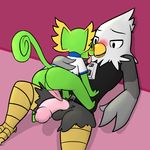  animal_crossing anthro apollo_(animal_crossing) avian balls beak bird blush clothed clothing digital_media_(artwork) duo eagle erection eyes_closed feathers kecleon male male/male neko3240 nintendo open_mouth penis pok&eacute;mon reptile scalie simple_background tongue video_games 