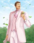  amanohashi_ikkaku blue_sky brown_hair cloud corsage day facial_hair glasses gloves gloves_removed leaf looking_to_the_side male_focus mustache norako_gs3 pink_suit sky solo standing sunlight tokimeki_memorial tokimeki_memorial_girl's_side twitter_username white_gloves 