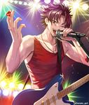  brown_eyes brown_hair collarbone guitar hariya_kounoshin holding holding_microphone instrument jewelry looking_at_viewer male_focus microphone necklace norako_gs3 open_mouth plectrum solo spotlight sweat tokimeki_memorial tokimeki_memorial_girl's_side_2nd_kiss twitter_username 